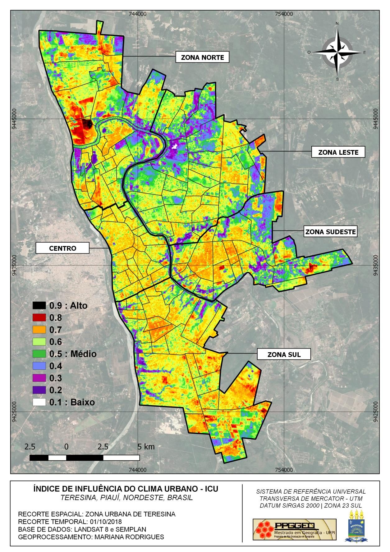 Mapa do Índice de Influência do Clima Urbano de Teresina, em escala de cores do roxo (baixo) ao preto (alto)